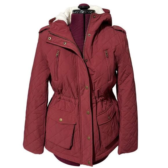 EDEN SOCIETY Quilted Sherpa Lined Jacket Hooded Zip Coat Rust Burgundy NWT Small - Picture 1 of 12